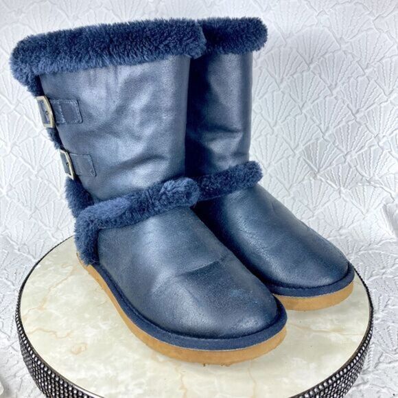 UGG Boots Womens Sz 10 Navy Blue Becket Suede Shearling Sheepskin Buckle Booties - Picture 2 of 13